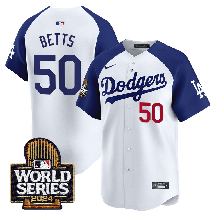 Men MLB Los Angeles Dodgers #50 Betts white 2024 World Series Champions Patch Limited Jersey20241105 style 2